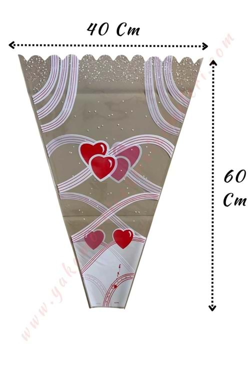 Çiçek - Buket Paketleme Poşeti Kalp Desenli 100 Adet 40*60 Cm YK-146 - Gri-Beyaz