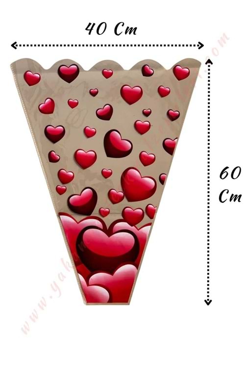 Çiçek - Buket Paketleme Poşeti Kalp Desenli 100 Adet 40*60 Cm YK-146 - Kırmızı
