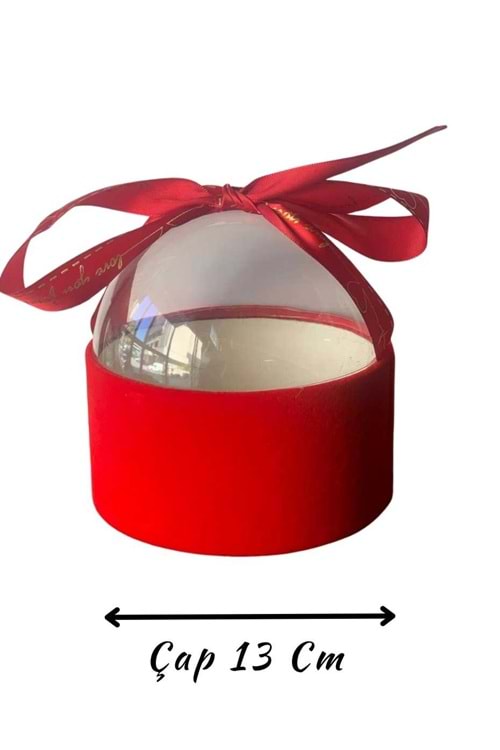 Şeffaf Kubbe Kapaklı Kurdeleli Kadife Kaplamalı Çiçek Hediye Kutusu Çap 13 Cm KUTU YK-56 - Kutu Modelleri - Vitrin Kutu - Kırmızı - STANDART