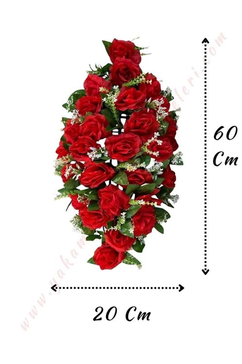 Hazır Yapay Gelin Arabası Çiçeği Oval 20*60 Cm YK-142 - Araba Süsleme - Hazır Araba Süsleri - Kırmızı - STANDART