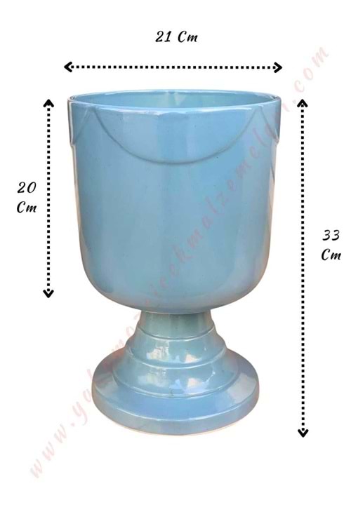 Ayaklı Büyük Boy Seramik Kupa Saksı Çap 21 Cm Yükseklik 33 Cm - Açık Mavi