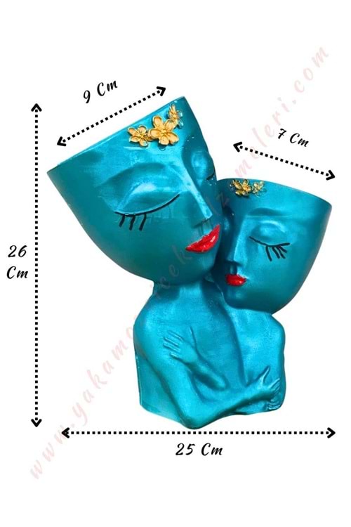 Anne Kız Çiftli Beton Skulent Saksısı - Mavi