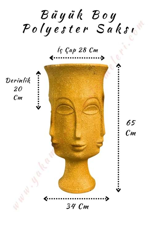 Büyük Boy Polyester Saksı Totem Yüz Kabartmalı Çap 34 Cm Yükseklik 65 Cm - Altın - Gold