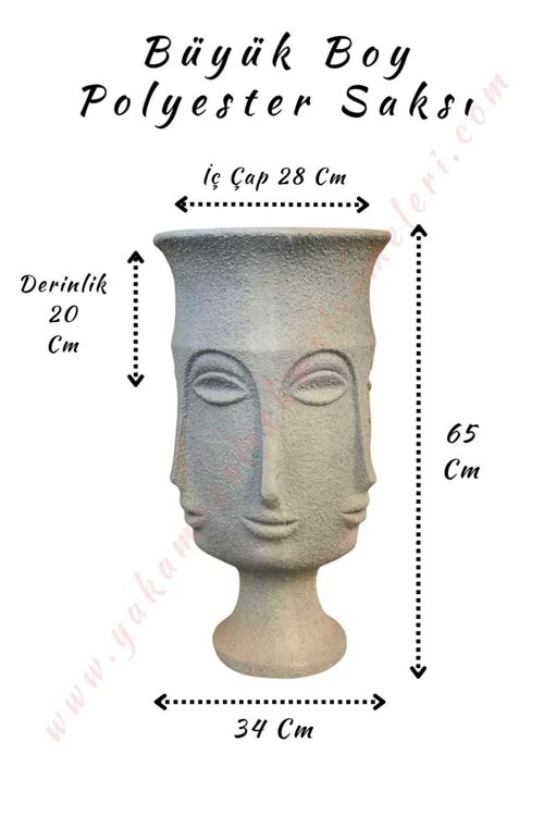 Büyük Boy Polyester Saksı Totem Yüz Kabartmalı Çap 34 Cm Yükseklik 65 Cm - Gri