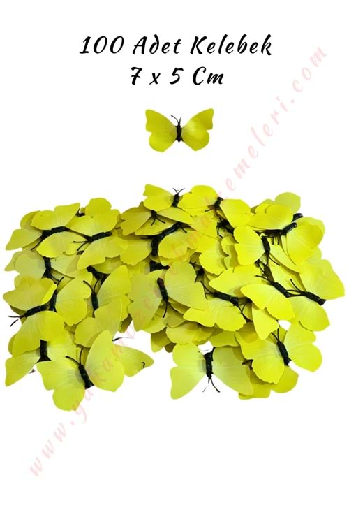 Dekor Kelebek 100 Adet Buket Teraryum Süsleme Malzemesi 7*5 Cm - Sarı