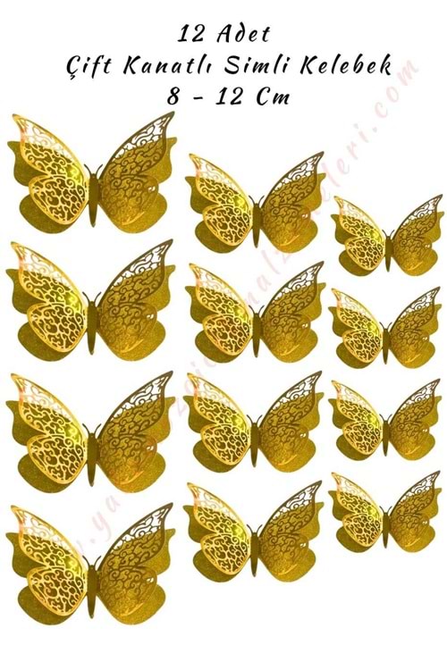 12 Adet Çift Kanatlı Simli Kelebek 3D 8 - 12 Cm - Altın - Gold