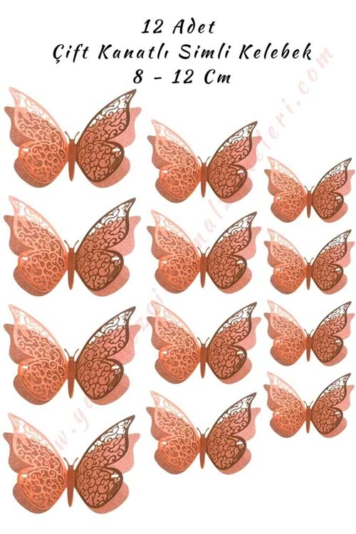 12 Adet Çift Kanatlı Simli Kelebek 3D 8 - 12 Cm - Bakır