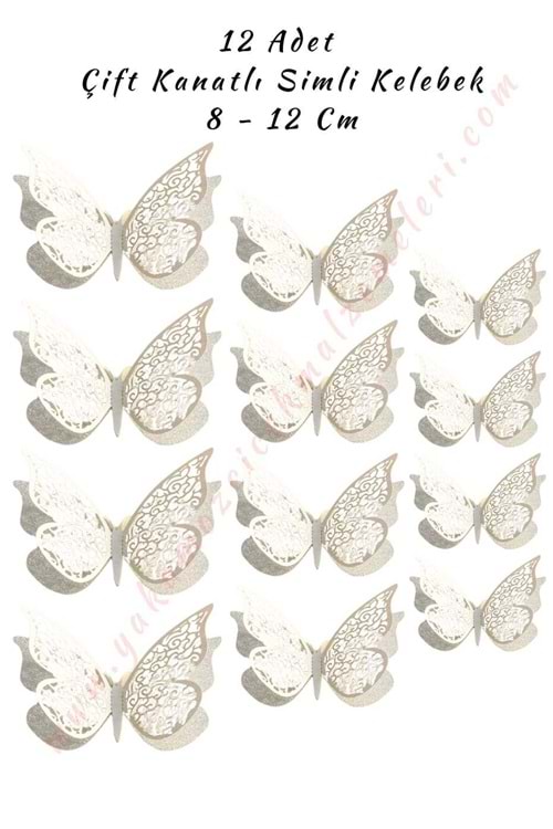 12 Adet Çift Kanatlı Simli Kelebek 3D 8 - 12 Cm - Beyaz