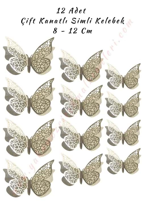 12 Adet Çift Kanatlı Simli Kelebek 3D 8 - 12 Cm - Gümüş