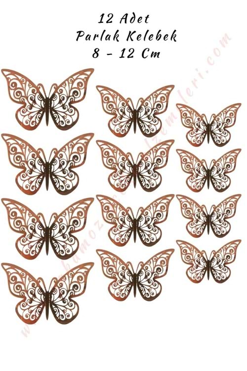 12 Adet Tek Kanatlı Parlak Kelebek 3D 8 - 12 Cm Mat - Bakır