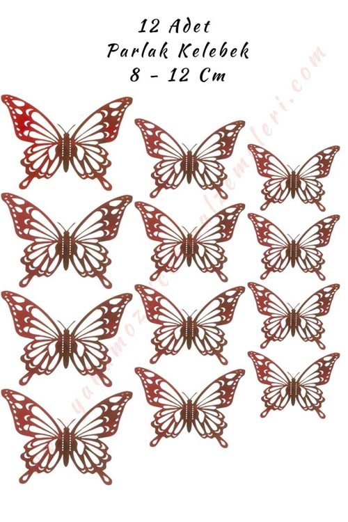 12 Adet Tek Kanatlı Parlak Kelebek 3D 8 - 12 Cm Mat - Kırmızı