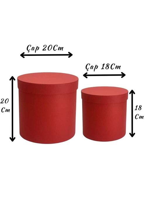 2 li Silindir Kutu Çiçek Çikolata Hediye Kutusu ÇAP 20 - Kutu Modelleri - Silindir Kutular - Kırmızı - ÇAP 20 CM
