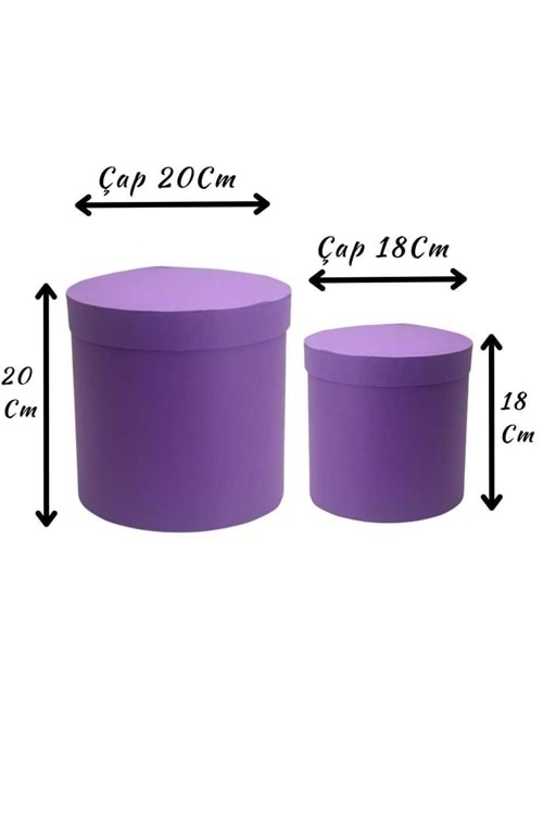 2 li Silindir Kutu Çiçek Çikolata Hediye Kutusu ÇAP 20 - Kutu Modelleri - Silindir Kutular - Mor - ÇAP 20 CM