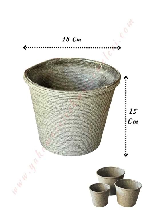 Hasır İp Sarılı Su Geçirmez Plastik Orta Saksı Çap 18 Cm Boy 15 Cm YK-298 - Gri