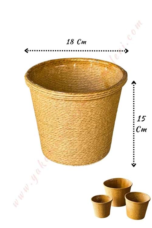 Hasır İp Sarılı Su Geçirmez Plastik Orta Saksı Çap 18 Cm Boy 15 Cm YK-298 - Kahverengi