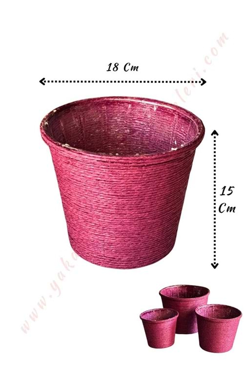 Hasır İp Sarılı Su Geçirmez Plastik Orta Saksı Çap 18 Cm Boy 15 Cm YK-298 - Mürdüm