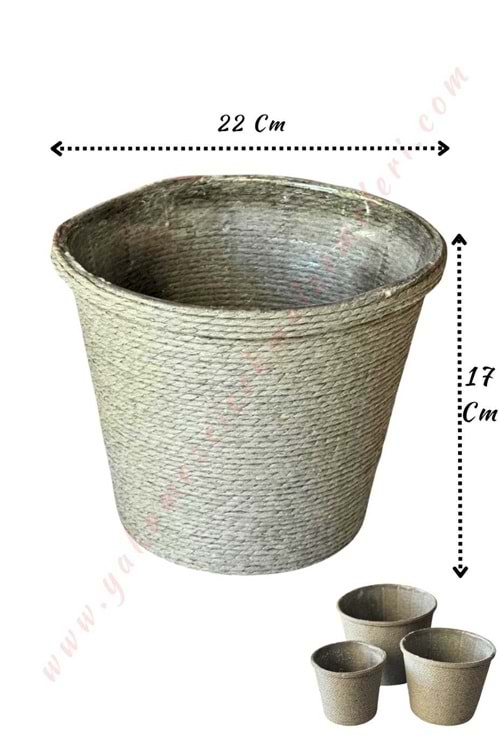 Hasır İp Sarılı Su Geçirmez Plastik Büyük Saksı Çap 22 Cm Boy 17 Cm YK-299 - Gri