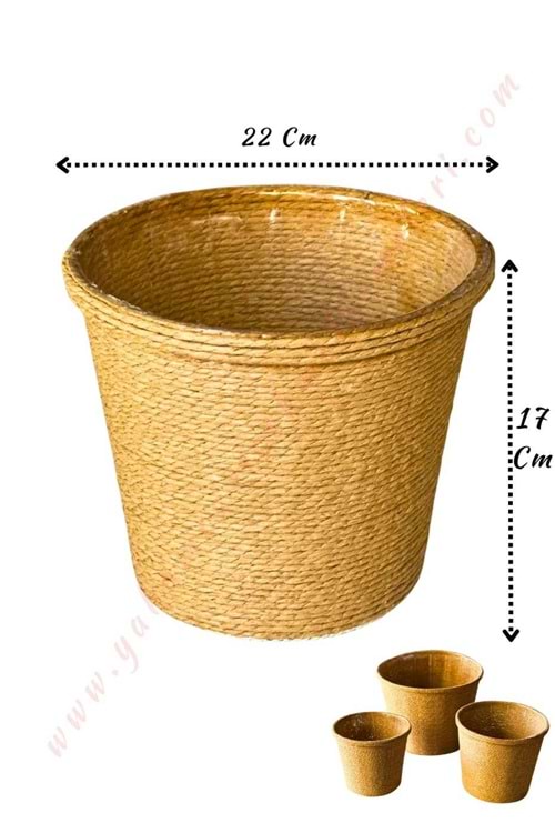 Hasır İp Sarılı Su Geçirmez Plastik Büyük Saksı Çap 22 Cm Boy 17 Cm YK-299 - Kahverengi