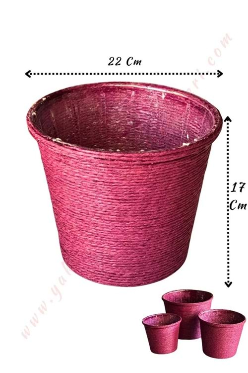 Hasır İp Sarılı Su Geçirmez Plastik Büyük Saksı Çap 22 Cm Boy 17 Cm YK-299 - Mürdüm