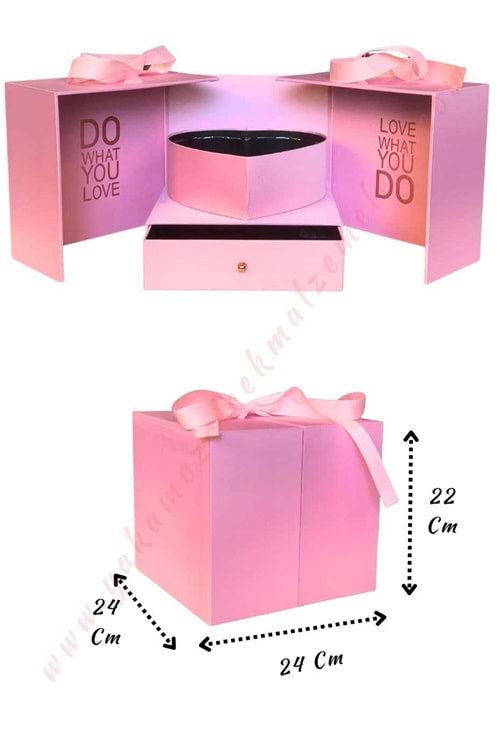 Kalpli Çekmeceli Çiçek Çikolata Hediye Sunum Kutusu YK-328 - Pembe