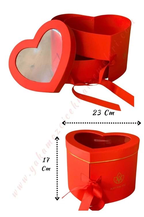 Açılabilir Bölmeli Şeffaf Kapaklı Kalp Kutu Büyük Boy 23*17 Cm YK-331 - Kırmızı