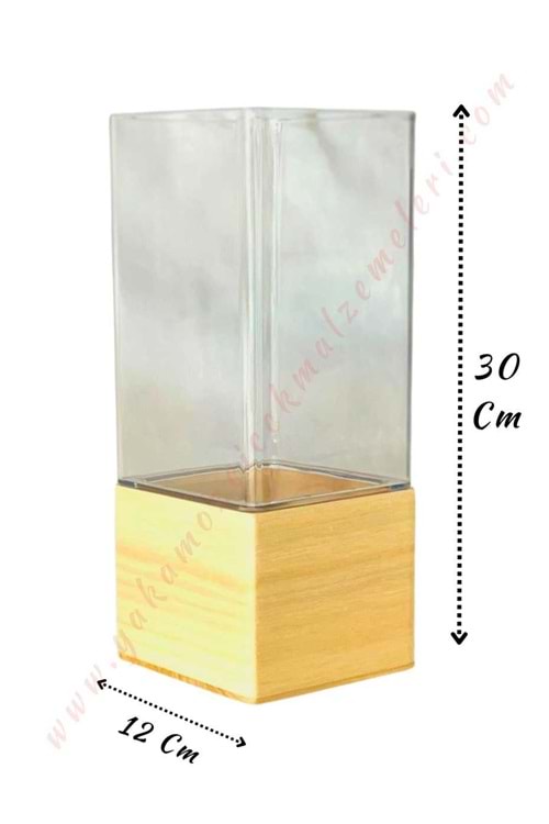 Ahşap Tabanlı Mika Vazo 12*30 YK-258 - Cam Ürünler - Mika - Plastik - Şeffaf - 12 X 30 CM