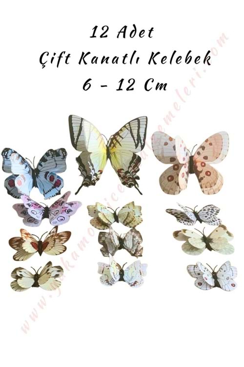 12 Adet Çift Kanatlı Kelebek Buket Teraryum Süsleme Malzemesi YK-419 YK-420 - Beyaz