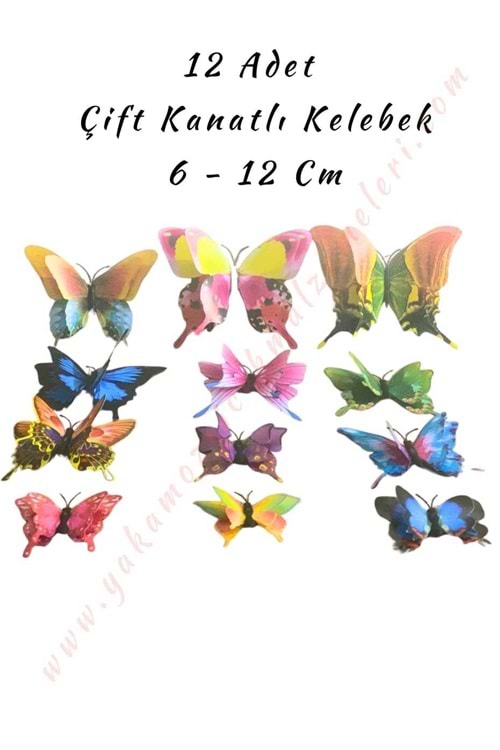 12 Adet Çift Kanatlı Kelebek Buket Teraryum Süsleme Malzemesi YK-419 YK-420 - Çok Renkli