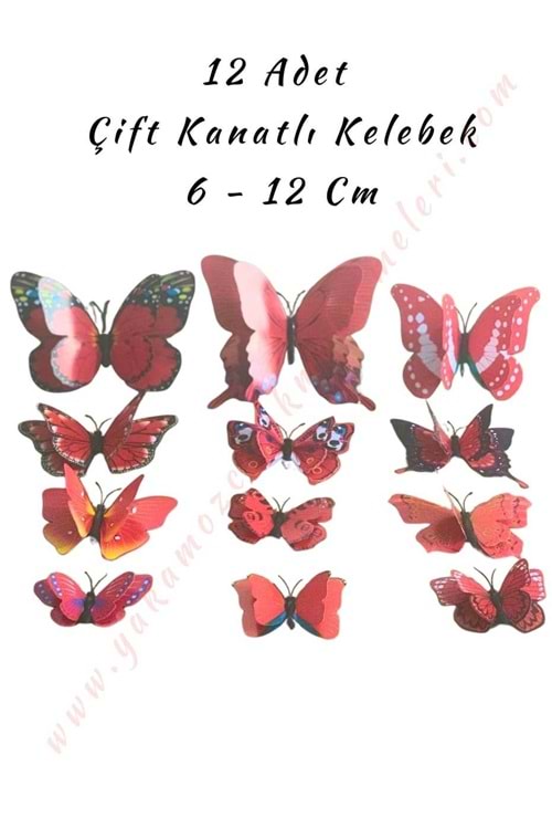 12 Adet Çift Kanatlı Kelebek Buket Teraryum Süsleme Malzemesi YK-419 YK-420 - Kırmızı