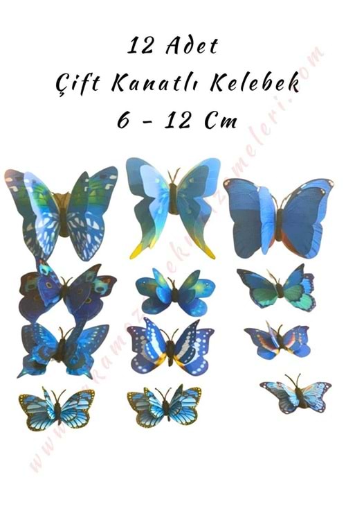 12 Adet Çift Kanatlı Kelebek Buket Teraryum Süsleme Malzemesi YK-419 YK-420 - Mavi
