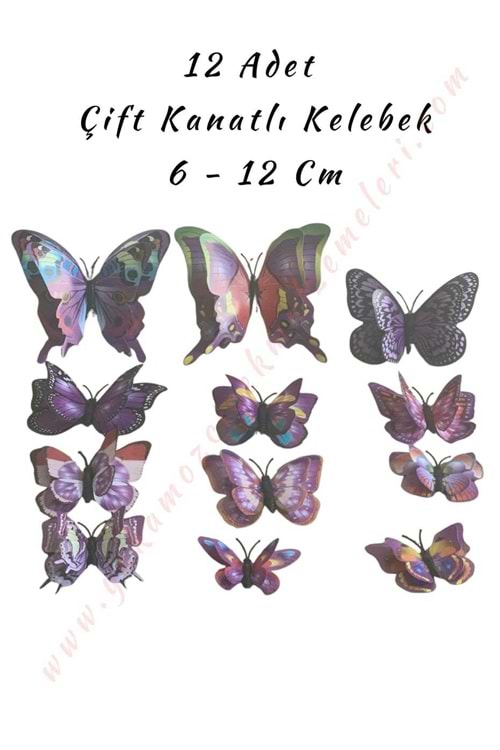 12 Adet Çift Kanatlı Kelebek Buket Teraryum Süsleme Malzemesi YK-419 YK-420 - Mor