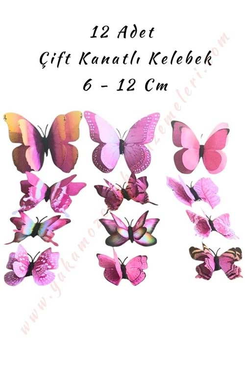 12 Adet Çift Kanatlı Kelebek Buket Teraryum Süsleme Malzemesi YK-419 YK-420 - Pembe