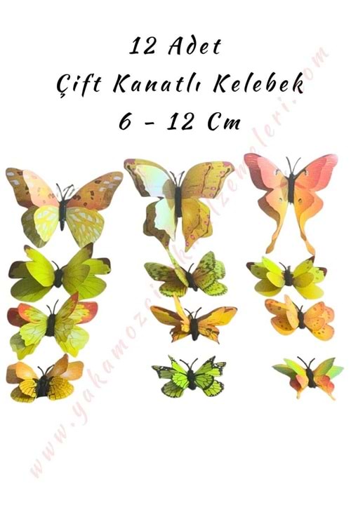 12 Adet Çift Kanatlı Kelebek Buket Teraryum Süsleme Malzemesi YK-419 YK-420 - Sarı