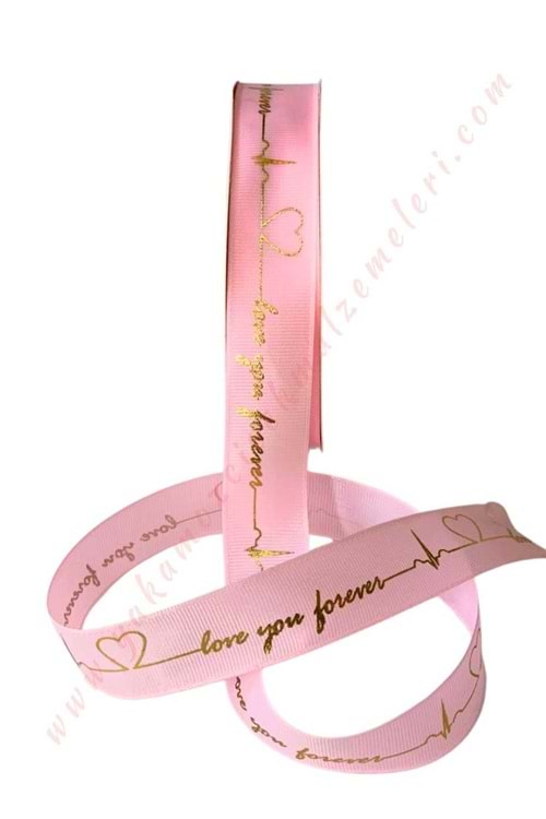 Love You Forever Yazılı Grogren Kurdele 2,5 Cm 38 Metre YK-402 - Pembe