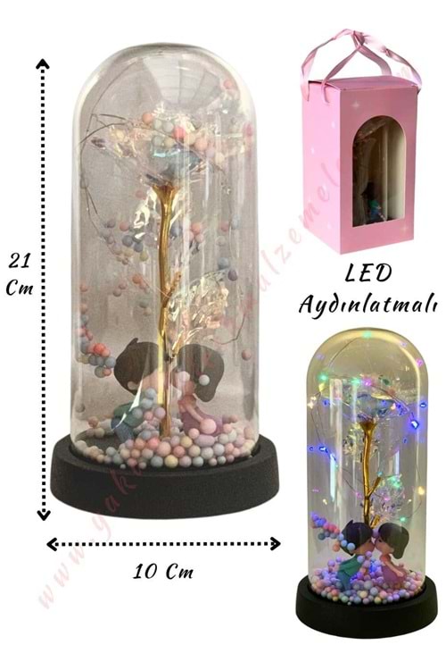 Sonsuzluk Gülü Süslemeli Sevgililer Işıklı Fanus Hazır Tanzim Çap 10 Cm Yükseklik 21 Cm YK-432 - Beyaz