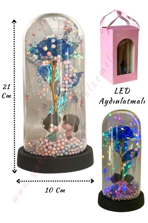 Sonsuzluk Gülü Süslemeli Sevgililer Işıklı Fanus Hazır Tanzim Çap 10 Cm Yükseklik 21 Cm YK-432 - Mavi