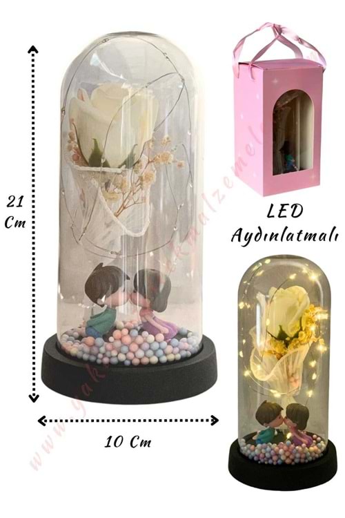 Gül Süslemeli Sevgililer Işıklı Fanus Hazır Tanzim Çap 10 Cm Yükseklik 21 Cm YK-433 - Beyaz