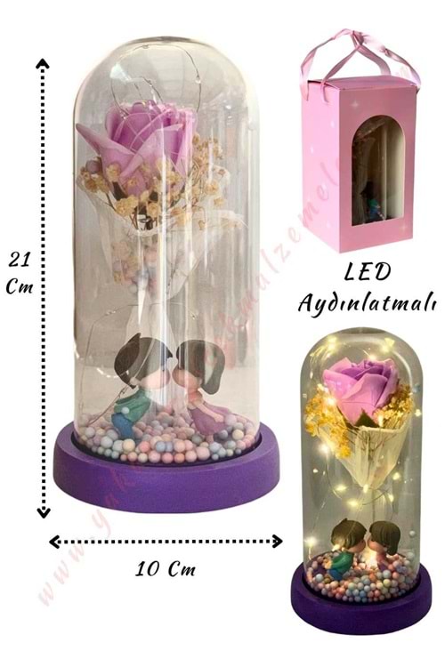 Gül Süslemeli Sevgililer Işıklı Fanus Hazır Tanzim Çap 10 Cm Yükseklik 21 Cm YK-433 - Lila
