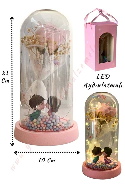 Gül Süslemeli Sevgililer Işıklı Fanus Hazır Tanzim Çap 10 Cm Yükseklik 21 Cm YK-433 - Pembe