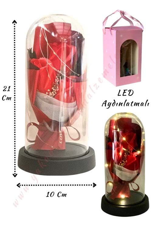 Gül Süslemeli Işıklı Fanus Hazır Tanzim Çap 10 Cm Yükseklik 21 Cm YK-434 - Kırmızı