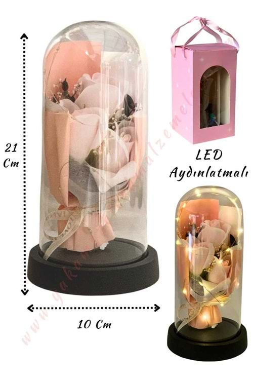 Gül Süslemeli Işıklı Fanus Hazır Tanzim Çap 10 Cm Yükseklik 21 Cm YK-434 - Pembe