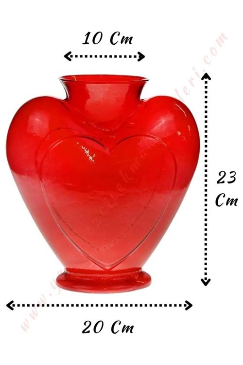 Kalp Cam Vazo Kırmızı 20*10*23 Cm Ağız Çapı 10 Cm 10 Lu Koli