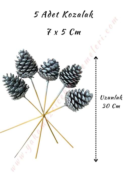 Dekoratif Renkli Kozalak 5 Adet 7*10 Cm - Gümüş