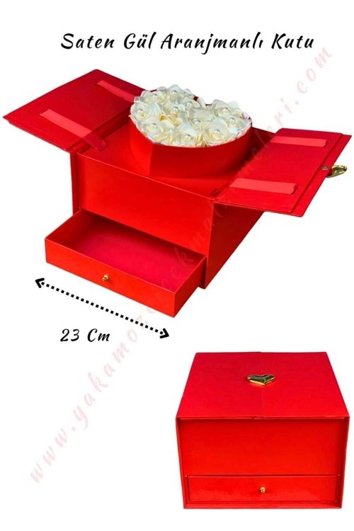 Saten Gül Aranjmanlı Asansörlü Çekmeceli Çiçek Çikolata Hediye Kutusu KUTU YK-59 - Kırmızı