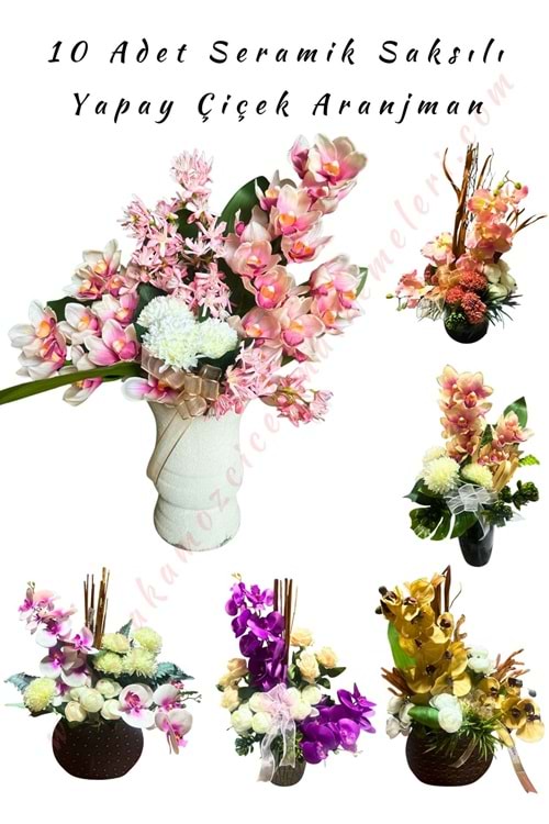 10 Adet Seramik Saksı Yapay Çiçek Aranjmanı Tanzim