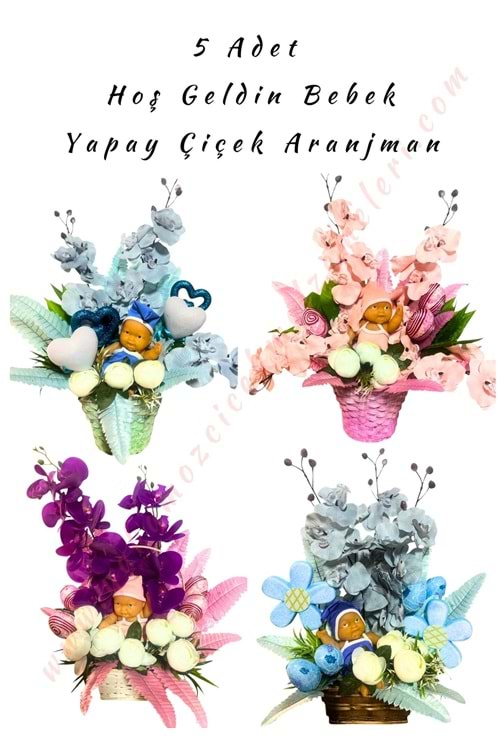 5 Adet Hoşgeldin Bebek Sepet Yapay Çiçek Aranjman Tanzim