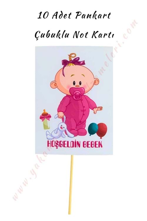 10 Adet Pankart - Çubuklu Not Kartı - Hoşgeldin Bebek - Açık Pembe