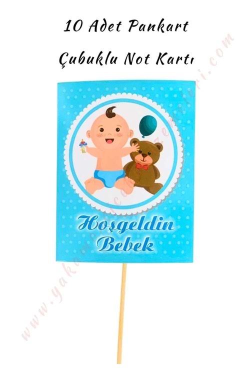 10 Adet Pankart - Çubuklu Not Kartı - Hoşgeldin Bebek - Mavi