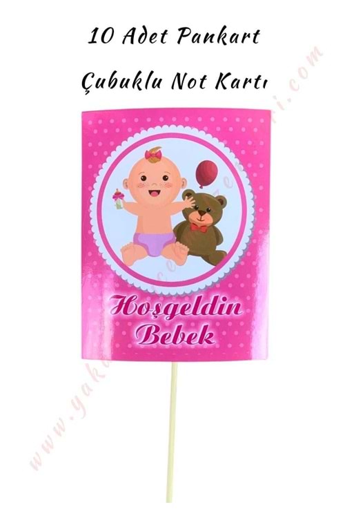 10 Adet Pankart - Çubuklu Not Kartı - Hoşgeldin Bebek - Pembe