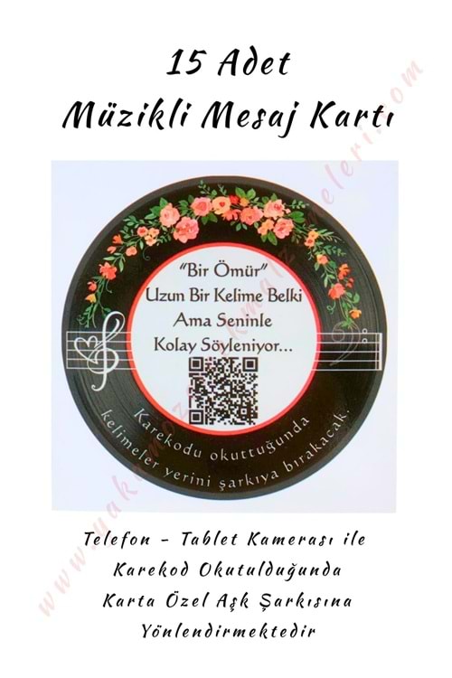 15 Adet Karekod Müzikli Mesaj Kartı 8*8 Cm - Bir Ömür Uzun Bir Kelime Belki